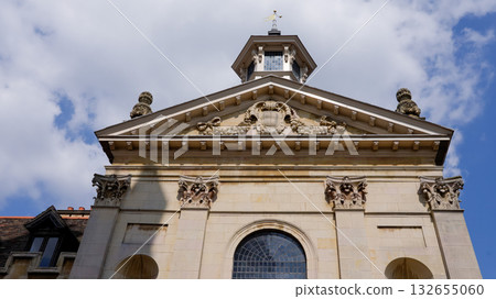 Senate House showing coat of arms and decorative cupola in Cambridge, UK 132655060