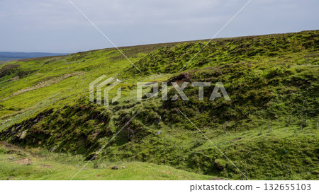 Moss and grass covering rolling hills in North York Moors National Park, UK 132655103