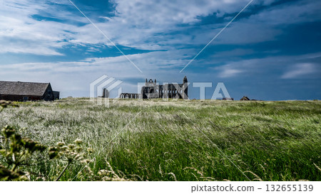 Whitby Abbey rising over green meadow in North York Moors National Park Whitby Abbey rising over green meadow in North York Moors National Park 132655139
