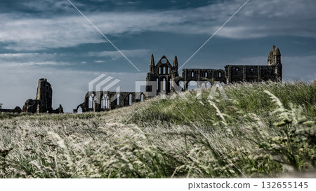 Whitby Abbey rising over North York Moors National Park in Yorkshire, England 132655145