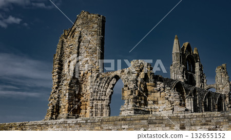 Whitby Abbey rising over North York Moors National Park in Yorkshire, England 132655152