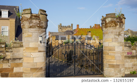 Whitby Abbey seen from horse decorated gate in North York Moors National Park 132655197