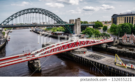 Swing Bridge and Tyne Bridge spanning River Tyne in Newcastle, UK Swing Bridge and Tyne Bridge spanning River Tyne in Newcastle, UK 132655221