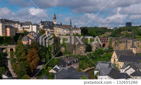 Luxembourg city panoramic view showing Bock casemates, Petrusse river and old town fortifications 132655260