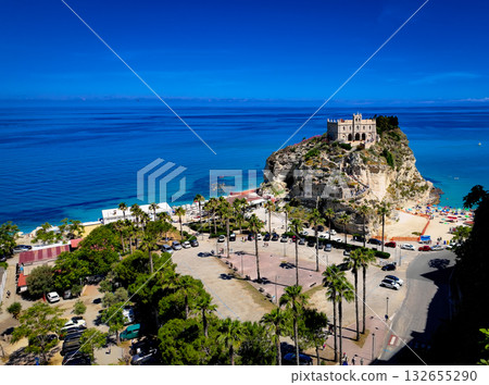 Sanctuary of Santa Maria dell Isola overlooking Tropea Beach, Calabria, Italy 132655290