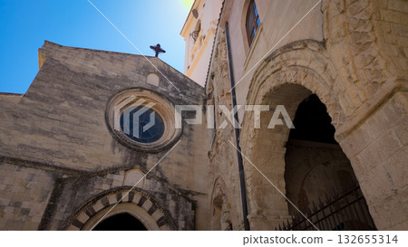 Norman Cathedral showing its rose window and bell tower in Tropea, Italy 132655314