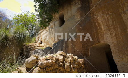 Exploring ancient rupestrian settlement in Zungri, Calabria, Italy Exploring ancient rupestrian settlement in Zungri, Calabria, Italy 132655345