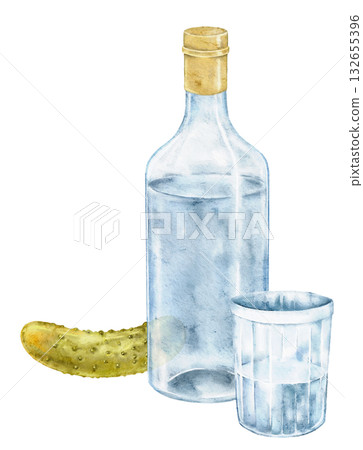 Watercolor set with vodka bottle, shot glass and pickled cucumber. Alcoholic drink illustration perfect for Slavic menu, snack packaging, bar invitation, cuisine postcard, event card, sticker Watercolor set with vodka bottle, shot glass and pickled cucumber. Alcoholic drink illustration perfect for Slavic menu, snack packaging, bar invitation, cuisine postcard, event card, sticker 132655396