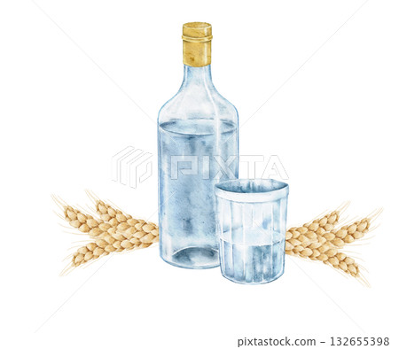 Watercolor set with vodka bottle, shot glass and wheat ears. Alcoholic drink illustration, ideal for menu, bakery label, farm product, bar invitation, drink packaging, Slavic card, kitchen. 132655398