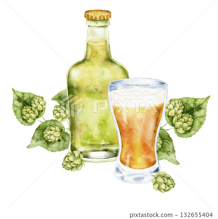 Watercolor light beer bottle, full beer glass, hop cones and wheat sprig. Alcoholic drink illustration for brewery menu, pub card, festive food packaging, party invitation, tasting, summer table. Watercolor light beer bottle, full beer glass, hop cones and wheat sprig. Alcoholic drink illustration for brewery menu, pub card, festive food packaging, party invitation, tasting, summer table. 132655404