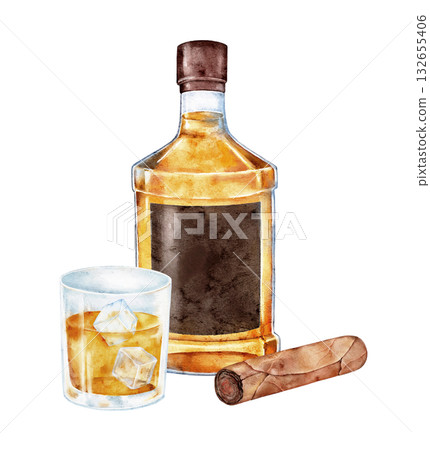 Watercolor cognac bottle with glass of drink and cigar beside it. Hand painted still life composition ideal for luxury branding, masculine product packaging, or vintage bar poster. Watercolor cognac bottle with glass of drink and cigar beside it. Hand painted still life composition ideal for luxury branding, masculine product packaging, or vintage bar poster. 132655406