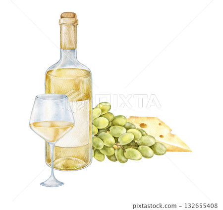 Watercolor still life with white wine, cheese, and green grapes painted in soft tones. Ideal for gourmet menu design, food label, wine branding, restaurant decor, or elegant packaging. 132655408