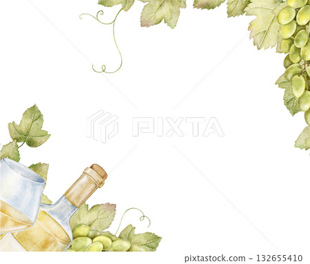 Watercolor frame with white wine bottle, glass, and green vine leaves. Elegant illustration suitable for vineyard menu design, wine branding, event invitation, or gourmet packaging. Watercolor frame with white wine bottle, glass, and green vine leaves. Elegant illustration suitable for vineyard menu design, wine branding, event invitation, or gourmet packaging. 132655410
