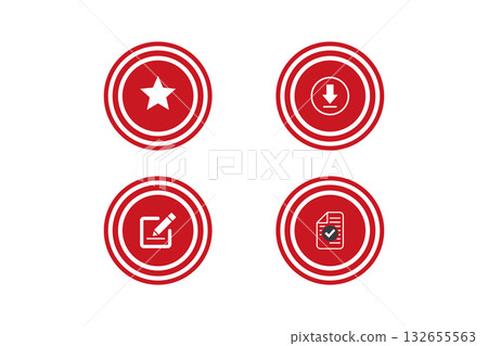 Red Circular Icons Representing Download, Star, Edit, and Verified File. 132655563