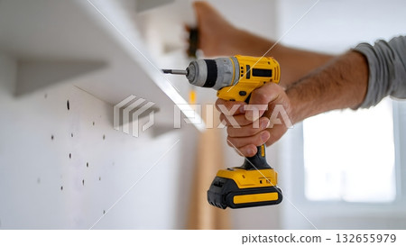 Close-up of a man's hands using a powerful yellow cordless drill to securely install white floating shelves during a modern home renovation project. AI Generated 132655979