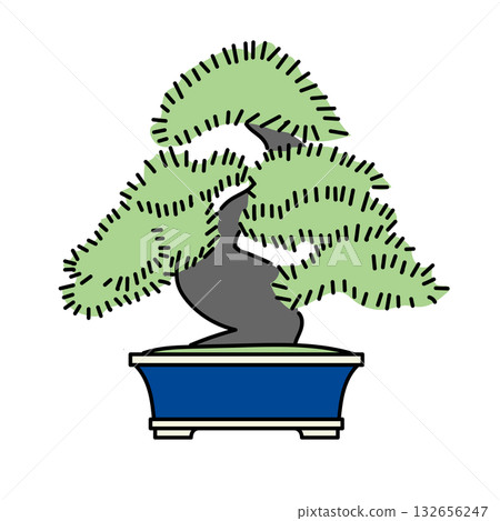 庫存插圖:一盆美麗的松樹盆景,栽種在藍色花盆中,向量圖。 庫存插圖:一盆美麗的松樹盆景,栽種在藍色花盆中,向量圖。 132656247