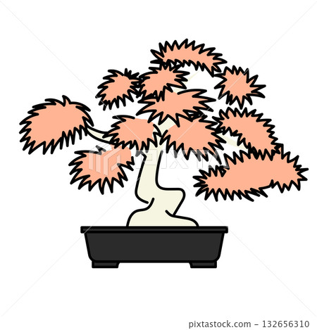 庫存插圖：向量圖，描繪了一盆栽種在黑色花盆中的盆景，盆中長有秋葉。 132656310