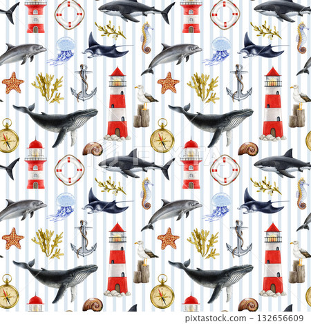 Coast life elements vintage style seamless pattern design element. Hand drawn lighthouse, whale, dolphin, shark, anchor watercolor illustration. Marine life seamless pattern on striped background 132656609