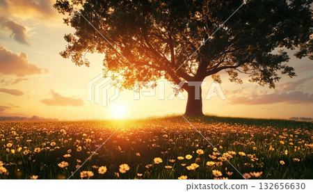 A tree silhouette with golden sunset sky scenic dramatic natural light A tree silhouette with golden sunset sky scenic dramatic natural light 132656630