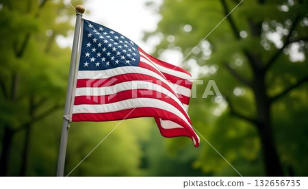 An American flag waves in front of a park, symbolizing Labor Day and honoring workers across various professions An American flag waves in front of a park, symbolizing Labor Day and honoring workers across various professions 132656735