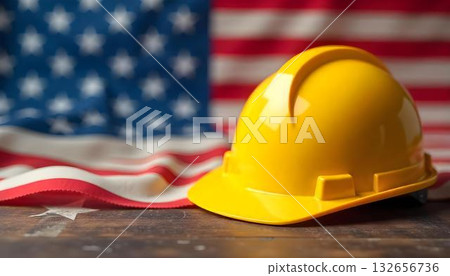 On a table, a construction helmet and an American flag symbolize Labor Day and the dedication of American workers 132656736