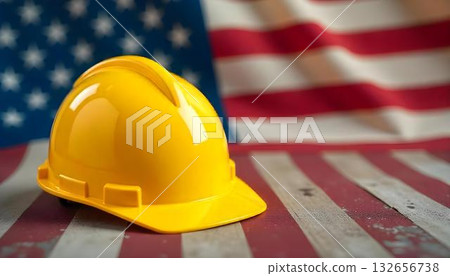 An American flag drapes next to a construction helmet on a table, celebrating Labor Day and the contributions of workers An American flag drapes next to a construction helmet on a table, celebrating Labor Day and the contributions of workers 132656738
