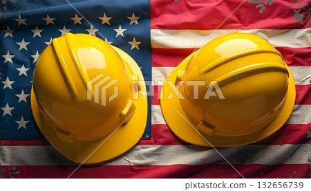 A construction helmet rests on a table beside an American flag, representing Labor Day and the nation's workforce 132656739