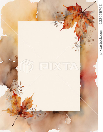 Autumn color frame, watercolor touch, autumn leaves, plants, flowers, greeting card, earth tones, botanical 132656768