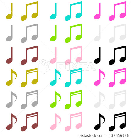 Quarter note and eighth note decoration material 4 types of icons 9 colors set 132656986
