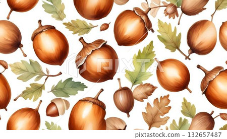 Watercolor pattern autumn leaves and acorns create a cozy fall forest texture. Seamless harvest background with warm golden hour tones Watercolor pattern autumn leaves and acorns create a cozy fall forest texture. Seamless harvest background with warm golden hour tones 132657487