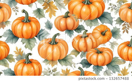 Watercolor autumn leaves and pumpkins seamless texture. Fall forest vibe Watercolor autumn leaves and pumpkins seamless texture. Fall forest vibe 132657488