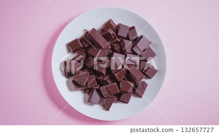 Pineapple covered by chocolate on white plate pink background Pineapple covered by chocolate on white plate pink background 132657727