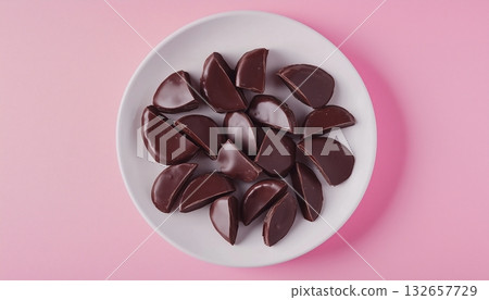 Pineapple covered by chocolate on white plate pink background Pineapple covered by chocolate on white plate pink background 132657729