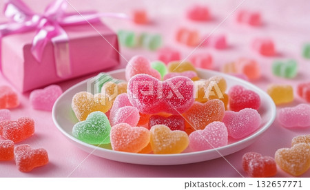 Candies gummy love shaped gelatin sweet snack on white plate 132657771