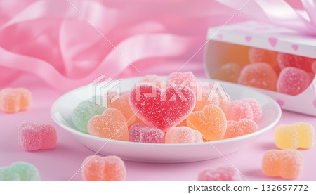 Candies gummy love shaped gelatin sweet snack on white plate 132657772