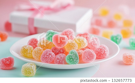 Candies gummy love shaped gelatin sweet snack on white plate 132657773