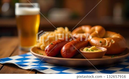 A plate of hot dogs and sausages with beer, set against a Bavarian flag, evoking Oktoberfest festivities A plate of hot dogs and sausages with beer, set against a Bavarian flag, evoking Oktoberfest festivities 132657916