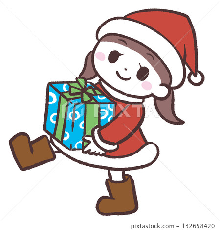 Illustration of a girl dressed as Santa holding a gift Illustration of a girl dressed as Santa holding a gift 132658420