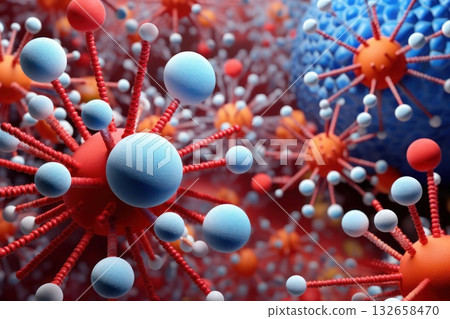 A dynamic visualization of a viral outbreak, with medication in the forefront suggesting hope for containment and cure 132658470