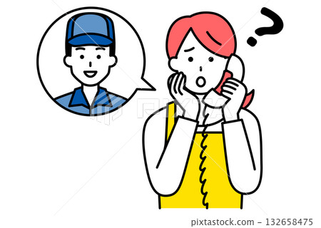 A housewife consulting a delivery person on the phone 132658475
