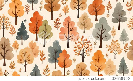 Cozy seamless pattern featuring watercolor autumn trees and vibrant fall leaves in warm earth tones 132658900