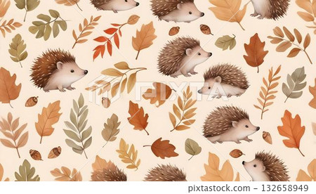 Charming watercolor pattern of hedgehogs surrounded by warm autumn leaves, perfect for a fall-themed background 132658949