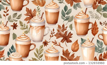 Cozy seamless pattern of coffee and autumn leaves in warm watercolor hues, perfect for a fall-themed background 132658960