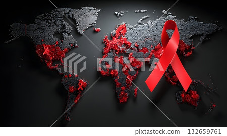 world map with red ribbons global awareness world map with red ribbons global awareness 132659761