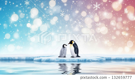 兩隻企鵝在閃閃發光的冰雪世界裡 132659777