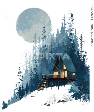stars over cabin winter illustration 132659809