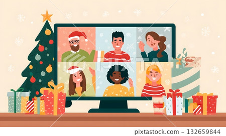 online team christmas video call illustration 132659844