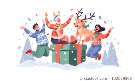 christmas bonus and happy team illustration 132659866