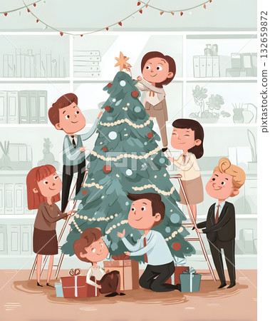people decorating office christmas tree vector 132659872