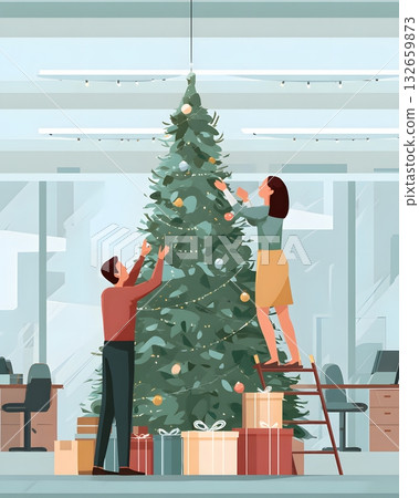 people decorating office christmas tree vector people decorating office christmas tree vector 132659873